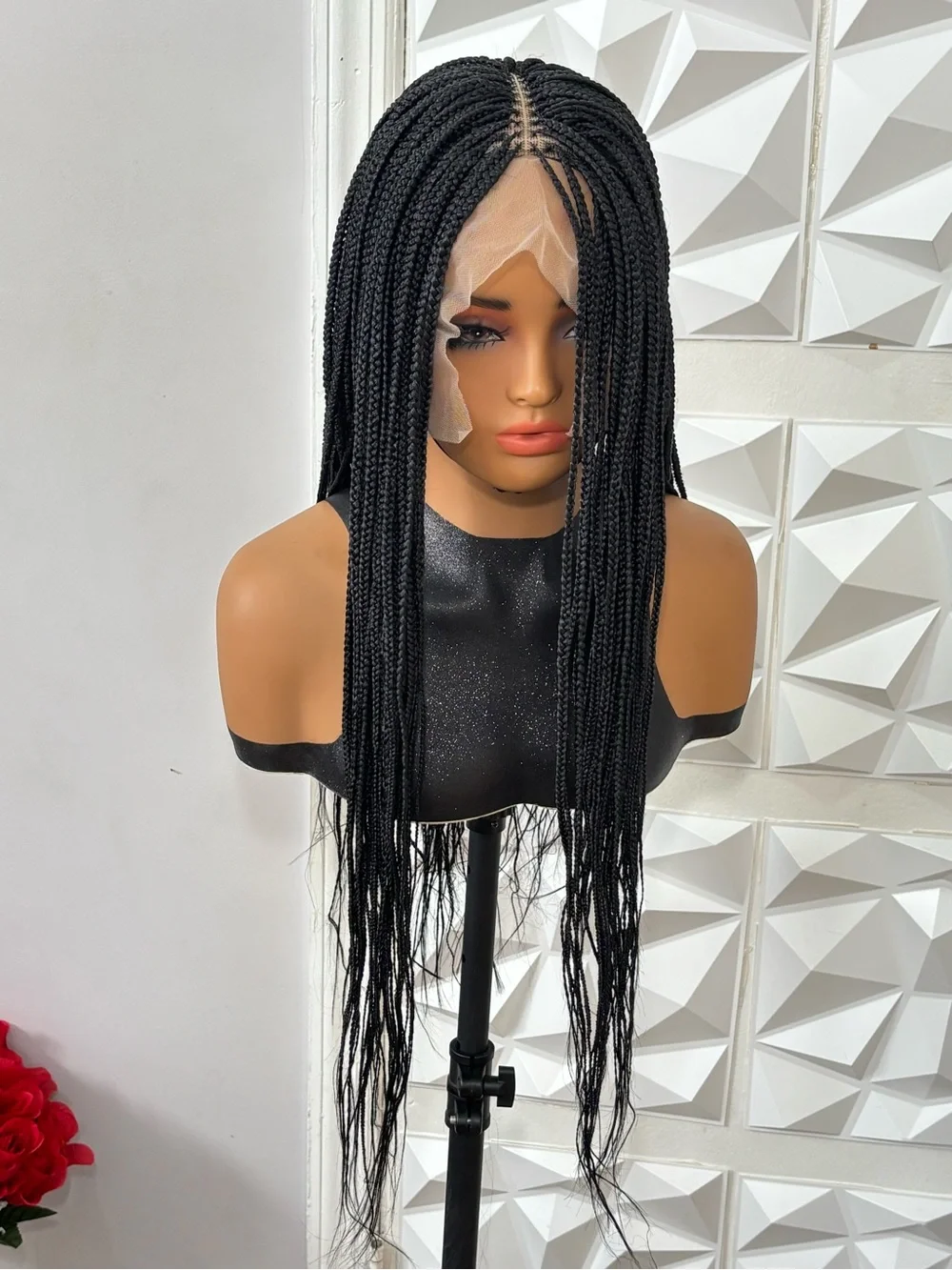 32” Black Box Braided Wig | Handmade Closure Wig T-Line Lace | Lightweight Prote